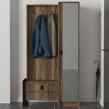 LUST – Moderná predsieňová zostava vo farbe orechaVytvorte z vašej predsiene štýlové a funkčné miesto s našou predsieňovou zostavou LUST. Táto moderná zostava v elegantnej farbe orecha je navrhnutá tak, aby poskytovala nielen dostatok úložného priestoru, ale aj estetický vzhľad, ktorý zaujme každého návštevníka.Typ tovaru: Predsieňová zostavaVhodné do miestnosti: PredsieňMateriál: LTD, sklo a kovRozmer: 90 x 180 x 35 cmFarba: OrechVybavenie: Zrkadlo, skriňa, šatník a vešiakyHrúbka materiálu: 18 mmPoznámka: Dodávame v demonte.Predsiňová zostava LUST ponúka kombináciu skrine, šatníka, vešiakov a veľkého zrkadla, čo zaisťuje dostatok úložného priestoru pre všetky vaše potreby. Vyrobená z kvalitných materiálov LTD, skla a kovu s hrúbkou 18 mm, zaručuje dlhú životnosť a odolnosť. Farba orecha dodáva zostave moderný a prírodný vzhľad, ktorý ľahko zapadne do každého interiéru.Pridajte do svojej predsiene eleganciu a praktickosť s predsieňovou zostavou LUST, ktorá kombinuje skvelý dizajn s funkčnosťou!