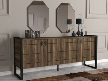 Komoda LUSTPredstavujeme vám komodu LUST, ideálnu voľbu pre vašu obývaciu izbu alebo spálňu. Táto elegantná a široká komoda je navrhnutá tak, aby vám poskytla dostatok úložného priestoru a zároveň dodala vášmu interiéru moderný a štýlový vzhľad.Typ tovaru: KomodaVhodné do miestnosti: Obývacia izba a spálňaMateriál: LTD, kov a skloRozmer: 180 x 78 x 40 cmFarba: OrechVybavenie: DvierkaVzhľad: ŠirokáPočet dverí, dvierok: 4Zostava obsahuje: Komoda (š180 x h40 x v78 cm), 2x nástenné zrkadlo (š70 x h2 x v45 cm)Hrúbka materiálu: 18 mmDodatočné informácie: Dodávame v demonteKomoda LUST je vyrobená z kvalitného LTD materiálu, kovu a skla s hrúbkou 18 mm, čo zaisťuje jej pevnosť a dlhú životnosť. Elegantná orechová farba dodáva komode moderný a sofistikovaný vzhľad, ktorý sa hodí do akéhokoľvek interiéru. Komoda je vybavená štyrmi dvierkami, ktoré poskytujú dostatok úložného priestoru pre vaše potreby.Zostava obsahuje nielen praktickú komodu, ale aj dve nástenné zrkadlá, ktoré dodajú vášmu priestoru svetlo a opticky ho zväčšia. Dodávame v demonte, čo znamená, že komodu a zrkadlá ľahko zložíte podľa priloženého návodu. Komoda LUST je perfektnou voľbou pre každého, kto hľadá štýlový a funkčný nábytok do svojej obývačky alebo spálne.