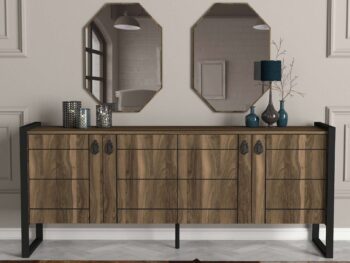 Komoda LUSTPredstavujeme vám komodu LUST, ideálnu voľbu pre vašu obývaciu izbu alebo spálňu. Táto elegantná a široká komoda je navrhnutá tak, aby vám poskytla dostatok úložného priestoru a zároveň dodala vášmu interiéru moderný a štýlový vzhľad.Typ tovaru: KomodaVhodné do miestnosti: Obývacia izba a spálňaMateriál: LTD, kov a skloRozmer: 180 x 78 x 40 cmFarba: OrechVybavenie: DvierkaVzhľad: ŠirokáPočet dverí, dvierok: 4Zostava obsahuje: Komoda (š180 x h40 x v78 cm), 2x nástenné zrkadlo (š70 x h2 x v45 cm)Hrúbka materiálu: 18 mmDodatočné informácie: Dodávame v demonteKomoda LUST je vyrobená z kvalitného LTD materiálu, kovu a skla s hrúbkou 18 mm, čo zaisťuje jej pevnosť a dlhú životnosť. Elegantná orechová farba dodáva komode moderný a sofistikovaný vzhľad, ktorý sa hodí do akéhokoľvek interiéru. Komoda je vybavená štyrmi dvierkami, ktoré poskytujú dostatok úložného priestoru pre vaše potreby.Zostava obsahuje nielen praktickú komodu, ale aj dve nástenné zrkadlá, ktoré dodajú vášmu priestoru svetlo a opticky ho zväčšia. Dodávame v demonte, čo znamená, že komodu a zrkadlá ľahko zložíte podľa priloženého návodu. Komoda LUST je perfektnou voľbou pre každého, kto hľadá štýlový a funkčný nábytok do svojej obývačky alebo spálne.