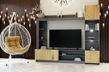 Obývacia stena LUXURY je v dizajnovom a atraktívnom farebnom prevedení dub Artisan / grafit.Je vhodná do moderných obývacích priestorov a zaujme aj náročnejších zákazníkov.Obývacia stena je vyrobená z kvalitných LTD dosiek, ktoré sa ľahko udržiavajú.Obývacia stena sa skladá z týchto častí: vitrína,regál,závesná polica,televízny stolík.Rozmery (š,v,h): 203,2 x 177 x 33 cm.Zostavu je možné zakúpiť len ako celok.Dodávame v demontovanom stave.