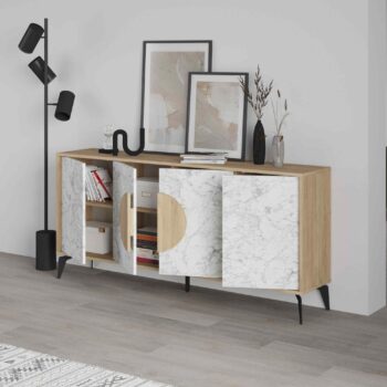 ORIANA 180 - Elegantný nábytok pre sofistikovaný interiérNadčasový dizajn: Komoda ORIANA 180 kombinuje teplý odtieň duba s rafinovanou bielou Carrara, čo vytvára harmonickú a elegantnú kombináciu pre každý interiér. Tento kúsok nábytku pridáva luxusný nádych ako do obývačky, tak aj do predsiene.Typ tovaru: KomodaVhodné pre miestnosti: Obývacia izba, predsieňMateriál: Kvalitný melamín, VT laminát a kovRozmery: 82 x 180 x 35.6 cmFarba: Dub + biela CarraraVybavenie: Štyri plné dvierka pre skvelý úložný priestorŠtýl: LuxusnýTvar: Obdĺžnikový a rovnýHrúbka materiálu: 18mmKomoda ORIANA 180 je majstrovským dielom v oblasti dizajnu nábytku. Jej sofistikovaná estetika a kvalitné spracovanie z neho robí nielen praktický, ale aj vizuálne pútavý kúsok, ktorý ocení každý milovník luxusu a štýlu.