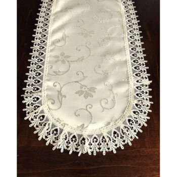 Luxusný béžový oválny obrus s jemnou vyšívkou a krajkou Šírka: 90 cm | Dĺžka: 150 cm