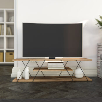 MADRID – Industriálny TV stolík s dekorom orecha pre modernú obývaciu izbuMADRID je elegantný TV stolík navrhnutý v industriálnom štýle, ideálny pre každú modernú obývaciu izbu. Kombinácia čiernej kovovej konštrukcie a dekoru orechu dodáva stolíku sofistikovaný vzhľad, ktorý zaujme na prvý pohľad.Materiál: Melamín, VT laminát a kovFarba: Čierna + orechRozmer: 33 x 120 x 30 cmVybavenie: Odkladacie police pre elektroniku a dekorácieŠtýl: IndustriálneTvar: ObdĺžnikovýHrúbka materiálu: 18 mmDodanie: Dodávame v demonte pre jednoduchú montážMADRID ponúka praktický úložný priestor vďaka odkladacej polici, ktorá poskytuje dostatok miesta pre elektroniku, dekorácie alebo knihy. Jeho obdĺžnikový tvar a kompaktné rozmery sú ideálne pre menšie aj väčšie priestory, zatiaľ čo robustná kovová konštrukcia a kvalitná laminátová doska v dekore orecha zaisťujú odolnosť a dlhú životnosť.Zaobstarajte si MADRID a doprajte svojej obývačke štýlový a funkčný TV stolík, ktorý spája moderný industriálny dizajn s praktickosťou.