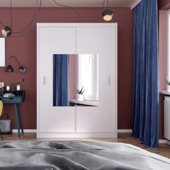 Šatníková skriňa s posuvnými dverami Madryt 150 v elegantnej bielej farbe je ideálnym riešením pre moderné interiéry. Táto skriňa, vyrobená z kvalitného aglomerovaného materiálu, konkrétne laminovanej DTD, ponúka nielen štýlový vzhľad, ale aj praktickosť a funkčnosť.