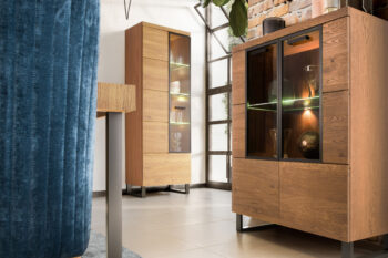 Vysoká vitrína MAGNOLIA je kombináciou elegantnosti a funkčnosti. Precízne spracovanie je zárukou trvácnosti a štýlového dizajnu.Vonkajší korpus je vyrobený z prírodnej dubovej dýhy. Vnútorný korpus je z kvalitných LTD dosiek, ktoré sú potiahnuté fóliou v dekore dreva. Predná časť nábytku je z masívu dubového dreva. Úchyty a nožičky sú vyrobené z kovu, v čiernej farbe. Nábytok je vo farbe: dub rustikal, čierna.Vitrína je dvojdverová. Vo vnútri sa nachádza 8 políc, z toho tri sú sklenené. LED osvetlenie nie je v cene vitríny. Je možné si ho dokúpiť.Rozmery(š,v,h): 96 x 198 x 42 cm.V našej ponuke nájdete aj ďalšie prvky zo sektoru MAGNOLIA, vďaka ktorým si vytvoríte obývačku či jedáleň podľa vašich predstáv a prianí.Dodávame v demontovanom stave. 