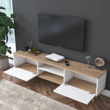 TV stolík MANTIS – moderná elegancia a funkčnosť pre vašu obývaciu izbuTV stolík MANTIS je ideálnym doplnkom pre každú modernú obývaciu izbu. Spojenie bielej farby a dekoru orecha vytvára štýlový a útulný vzhľad, ktorý skvele ladí s rôznymi interiérmi. Praktické vybavenie a premyslený dizajn zaisťujú pohodlie a dostatok úložného priestoru.Hlavné vlastnosti TV stolíka MANTIS:Materiál: melamín a VT laminát – odolný povrch, ktorý sa ľahko udržuje.Rozmery: 48,6 x 180 x 35 cm – priestranný dizajn pre pohodlné umiestnenie televízie a ďalšieho vybavenia.Farba: kombinácia bielej a dekoru orecha, ktorá dodáva interiéru moderný a príjemný vzhľad.Vybavenie:2 plné dvierka pre diskrétne uloženie vecí.Regálik pre multimediálne zariadenia alebo dekorácie.Hrúbka materiálu: 18 mm – pevná a stabilná konštrukcia.Možnosť pripevnenia k stene pre vyššiu bezpečnosť a stabilitu.Dodávame v demontovanom stave s prehľadným montážnym návodom.TV stolík MANTIS je navrhnutý tak, aby spĺňal všetky vaše požiadavky na štýl, funkčnosť a praktickosť. Poskytuje dostatok priestoru pre televíziu, zariadenie aj drobnosti, pričom dodáva vašej obývačke elegantný vzhľad.Vylepšite svoju obývačku s TV stolíkom MANTIS – elegantné a praktické riešenie pre váš domov!