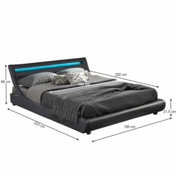 Doprajte si luxusný oddych a spánok s manželskou posteľou s roštom a osvetlením FELINA. Rozmery postele sú (ŠxHxV): 195x220x88 cm, pričom plocha na spanie je (ŠxD): 180x200 cm. Výška postele po rošt je 21,5 cm. Posteľ je čalúnená ekokožou v čiernej farbe. Dizajn postele je oživený RGB LED…