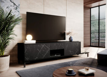 Vitajte vo svete luxusu a elegancie. TV stolík MARMO 2D1S1K okamžite zaujme Vaše pohľady svojou úchvatnou krásou a sofistikovaným dizajnom. Jeho luxusná imitácia mramoru a čierne farebné prevedenie pôsobí neuveriteľne autenticky a krásne dopĺňa každú modernú obývačku.TV stolík disponuje dostatkom…