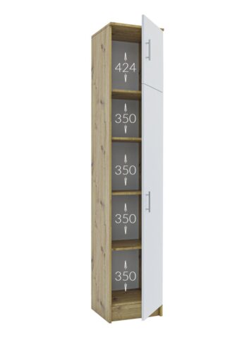Úzka skriňa vhodná ku predsieni MÁŠA (viď. Príslušenstvo). Vo vnútri sa nachádzajú police. Farebné prevedenie: činčila grey / dub ArtisanRozmery v/š/h 202 x 40 x 38 cm.Pri tomto nábytku je použitá kvalitná LTD doska. Kovové úchytky. Dodávané v demonte. 