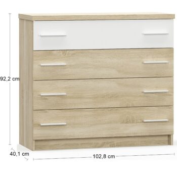 Čistá línia, jednoduchý dizajn a krásna súhra farieb sa vyníma na zásuvkovej komode MATEO CH-4DRWS. Materiál použitý na jej výrobu je kvalitná drevotriesková doska, ktorá je nenáročná na údržbu. Komoda je tvorená štyrmi zásuvkami, ktoré sú pre lepšiu manipuláciu doplnené praktickými úchytkami.…