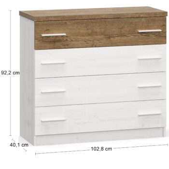 Čistá línia, jednoduchý dizajn a krásna súhra farieb sa vyníma na zásuvkovej komode MATEO CH-4DRWS. Materiál použitý na jej výrobu je kvalitná drevotriesková doska, ktorá je nenáročná na údržbu. Komoda je tvorená štyrmi zásuvkami, ktoré sú pre lepšiu manipuláciu doplnené praktickými úchytkami.…