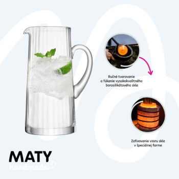 Džbán MATY je ručne vyrábaný z fúkaného, vysokokvalitného borosilikátového skla. Takéto výrobky sú unikátne a vhodné na slávnostné aj každodenné príležitosti. Sklo je číre a doplnené vrúbkovaným vzorom. Džbán je vybavený ergonomickou rukoväťou pre pohodlné…