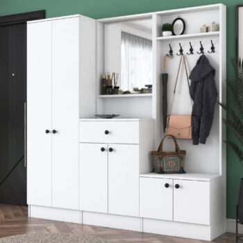 Predsiňová zostava MAX – škandinávska elegancia pre modernú predsieňPredsieňová zostava MAX prináša do vašej predsiene čistý a minimalistický dizajn inšpirovaný škandinávskym štýlom. Je navrhnutá tak, aby zabezpečila praktickú organizáciu priestoru a zároveň dodala interiéru moderný vzhľad.Zostava obsahuje:Šatníková skriňa: ideálna na ukladanie kabátov, búnd a ďalších odevov.Skrine na topánky: dostatok miesta pre obuv celej rodiny.Zrkadlo: praktický a štýlový doplnok, ktorý opticky zväčšuje priestor.Vešiak: vhodný na zavesenie každodenného oblečenia, tašiek a doplnkov.Hlavné vlastnosti predsieňovej zostavy MAX:Materiál: melamín a VT laminát – odolný a ľahko udržiavateľný povrch.Rozmery: 182,8 x 179,4 x 37,3 cm – priestranné a praktické riešenie pre predsiene všetkých veľkostí.Farba: čisto biela, ktorá dodáva priestoru sviežosť a ľahkosť.Štýl: škandinávsky – jednoduchosť, elegancia a funkčnosť.Hrúbka materiálu: 18 mm – pevná a stabilná konštrukcia.Možnosť pripevnenia k stene pre vyššiu bezpečnosť a stabilitu.Dodávame v demontovanom stave s podrobným montážnym návodom.Predsiňová zostava MAX je ideálnym riešením pre každého, kto hľadá kombináciu štýlu a praktickosti. Poskytuje dostatok úložného priestoru a dodáva predsieni moderný a elegantný vzhľad.Zaobstarajte si predsieňovú zostavu MAX a vytvorte si organizovaný a štýlový vstup do svojho domova!