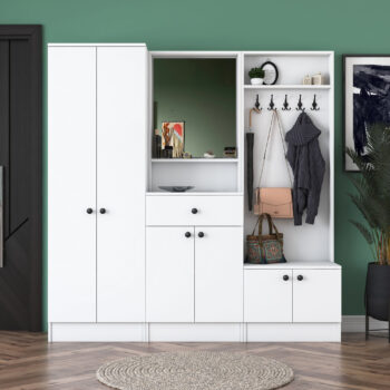 Predsiňová zostava MAX – škandinávska elegancia pre modernú predsieňPredsieňová zostava MAX prináša do vašej predsiene čistý a minimalistický dizajn inšpirovaný škandinávskym štýlom. Je navrhnutá tak, aby zabezpečila praktickú organizáciu priestoru a zároveň dodala interiéru moderný vzhľad.Zostava obsahuje:Šatníková skriňa: ideálna na ukladanie kabátov, búnd a ďalších odevov.Skrine na topánky: dostatok miesta pre obuv celej rodiny.Zrkadlo: praktický a štýlový doplnok, ktorý opticky zväčšuje priestor.Vešiak: vhodný na zavesenie každodenného oblečenia, tašiek a doplnkov.Hlavné vlastnosti predsieňovej zostavy MAX:Materiál: melamín a VT laminát – odolný a ľahko udržiavateľný povrch.Rozmery: 182,8 x 179,4 x 37,3 cm – priestranné a praktické riešenie pre predsiene všetkých veľkostí.Farba: čisto biela, ktorá dodáva priestoru sviežosť a ľahkosť.Štýl: škandinávsky – jednoduchosť, elegancia a funkčnosť.Hrúbka materiálu: 18 mm – pevná a stabilná konštrukcia.Možnosť pripevnenia k stene pre vyššiu bezpečnosť a stabilitu.Dodávame v demontovanom stave s podrobným montážnym návodom.Predsiňová zostava MAX je ideálnym riešením pre každého, kto hľadá kombináciu štýlu a praktickosti. Poskytuje dostatok úložného priestoru a dodáva predsieni moderný a elegantný vzhľad.Zaobstarajte si predsieňovú zostavu MAX a vytvorte si organizovaný a štýlový vstup do svojho domova!
