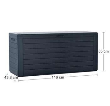 Praktickú plastovú záhradnú truhlicu MBWL280 280 l s imitáciou dreva skvele využijete na záhrade či terase, na odloženie vankúšov, podsedákov či akéhokoľvek záhradného príslušenstva alebo detských hračiek. Jej rozmery sú (ŠxHxV): 116x43,8x55 cm a je vyrobená v krásnom prevedení antracit, ktoré…