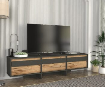 TV stolík MEGYObohaťte svoju obývačku moderným a praktickým TV stolíkom MEGY. Tento štýlový nábytok je navrhnutý tak, aby spĺňal všetky vaše požiadavky na funkčnosť a estetiku.Špecifikácia produktu:Názov produktu: MEGYTyp tovaru: TV stolíkVhodné do miestnosti: obývacia izbaMateriál: LTDRozmer: 180 x 57,8 x 35 cmFarba: antracit + svetlo hnedáVybavenie: skrinkyPočet dvierok: 3Hrúbka materiálu: 18 mmDodatočné informácie: Dodávame v demonteTV stolík MEGY ponúka dostatok úložného priestoru vďaka trom dvierkam, za ktorými sa nachádzajú praktické skrinky. Je vyrobený z kvalitného materiálu LTD s hrúbkou 18 mm, čo zaisťuje jeho pevnosť a dlhú životnosť. Kombinácia antracitovej a svetlo hnedej farby dodáva vašej obývačke moderný a elegantný vzhľad.Vďaka jednoduchej montáži, ktorú umožňuje dodanie v demontovanom stave, si môžete svoj nový TV stolík užívať behom chvíľky. Získajte TV stolík MEGY a vylepšite svoju obývačku štýlovým a funkčným doplnkom!