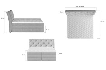 Manželská posteľ Memento patrí k boxpringovým posteliam, ktoré zosobňujú eleganciu, luxus a pohodlný odpočinok v jednom. Je vyrobená z vysoko kvalitných materiálov, čo zaisťuje jej dlhodobé používanie. Táto atraktívna posteľ bude vo vašej spálni vynikať a stane sa súčasťou vášho domova.V spodnej časti postele Memento sa nachádzajú dva priestranné úložné priestory. Nad úložným priestorom je zabudovaný matrac, ktorý je vyplnený bonellovými pružinami v spojení s PUR penou o hustote T-25. Na ňom sa nachádza matrac, ktorý je vyplnený pružinami POCKET, čo sú vysokokvalitné taštičkové pružiny. V cene postele je tiež TOPPER - vrchný krycí matrac. Je vyplnený PUR penou o hustote T3030. Topper eliminuje medzeru medzi matracmi a vytvára tak mäkký a hladký povrch na spanie. Dekoratívnym prvkom postele je jej prešívané vysoké čelo. Vyzerá veľmi štýlovo a zároveň slúži ako operadlo a chráni stenu pred oderom. Manželská posteľ Memento je čalúnená pevnou a kvalitnou poťahovou látkou Kronos 19.  Rozmery postele (š,v,h): 198 x 120 x 215 cm. Výška spacej plochy: 62 cm. Spacia plocha: 180 x 200 cm.Ďalšie charakteristiky:Tvrdosť matraca - H3Obojstranný matracHypoalergénny poťahPoťah je snímateľný (na zips) - možnosť prať na 40°CV našej ponuke nájdete aj ďalšie prevedenia tejto štýlovej postele.Dodávame v demontovanom stave.