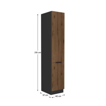 Potravinová skriňa Menzo 40 DK-210 2F v elegantnom prevedení čierna/orech je ideálnym riešením pre moderné kuchyne a jedálne. Táto skriňa, vyrobená z kvalitného laminovaného DTD materiálu, ponúka nielen štýlový vzhľad, ale aj praktickosť a funkčnosť.