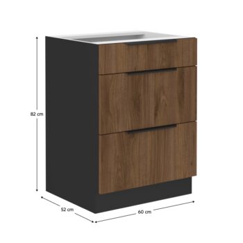 Dolná kuchynská skrinka Menzo 60 D 3S BB v elegantnom prevedení čierna/orech je ideálnym riešením pre moderné kuchyne. Táto skrinka, ktorá patrí do portfólia značky KONDELA, ponúka praktické úložné priestory a štýlový dizajn, ktorý sa hodí do každého interiéru.
