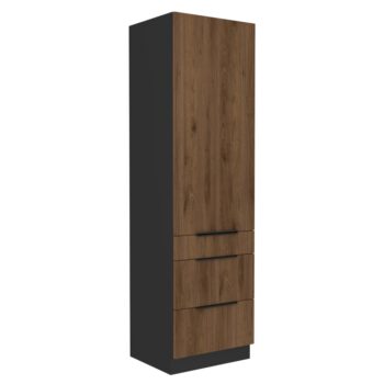 Potravinová skriňa Menzo 60 DKS-210 3S1F v elegantnom prevedení čierna/orech je ideálnym riešením pre moderné kuchyne a jedálne. Táto skriňa, vyrobená z kvalitného laminovaného DTD materiálu, ponúka nielen estetický vzhľad, ale aj praktickosť a funkčnosť.
