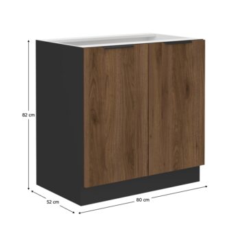 Dolná kuchynská skrinka Menzo 80 D 2F BB v elegantnom prevedení čierna/orech je ideálnym riešením pre moderné kuchyne. Táto skrinka, vyrobená z kvalitného laminovaného DTD materiálu, ponúka nielen štýlový vzhľad, ale aj praktickosť a odolnosť voči každodennému používaniu.