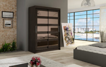 Šatníková skriňa  MIA IV je účelným nábytkom s posuvnými dverami vo farbe čokoláda. Jej elegancia a moderný dizajn je dotvorený zaujímavým rozložením zrkadla na oboch dvierkach. Za dverami nájdete účelne rozdelenú úložnú plochu na policovú časť a časť s vešiakovou tyčou. Horná časť skrine má po celej šírke policu na odkladanie. Skriňa je vyrobená z LTD dosky s hrúbkou 16 mm.  Posuvný systém dvierok má hliníkové ložiskové pojazdy Micra Servoll. V ponuke aj ďalšie 3 farebné prevedenia.Rozmer š/v/h 120/200/58. Dodávame v demonte.