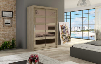 Šatníková skriňa  MIA IV je účelným nábytkom s posuvnými dverami vo farbe dub sonoma. Jej elegancia a moderný dizajn je dotvorený zaujímavým rozložením zrkadla na oboch dvierkach. Za dverami nájdete účelne rozdelenú úložnú plochu na policovú časť a časť s vešiakovou tyčou. Horná časť skrine má po celej šírke policu na odkladanie. Skriňa je vyrobená z LTD dosky s hrúbkou 16 mm.  Posuvný systém dvierok má hliníkové ložiskové pojazdy Micra Servoll. V ponuke aj ďalšie 3 farebné prevedenia.Rozmer š/v/h 120/200/58. Dodávame v demonte.