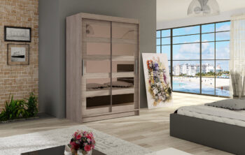 Šatníková skriňa  MIA IV je účelným nábytkom s posuvnými dverami vo farbe dub truflový. Jej elegancia a moderný dizajn je dotvorený zaujímavým rozložením zrkadla na oboch dvierkach. Za dverami nájdete účelne rozdelenú úložnú plochu na policovú časť a časť s vešiakovou tyčou. Horná časť skrine má po celej šírke policu na odkladanie. Skriňa je vyrobená z LTD dosky s hrúbkou 16 mm.  Posuvný systém dvierok má hliníkové ložiskové pojazdy Micra Servoll. V ponuke aj ďalšie 3 farebné prevedenia.Rozmer š/v/h 120/200/58. Dodávame v demonte.