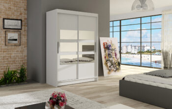 Šatníková skriňa  MIA V je účelným nábytkom s posuvnými dverami v bielej farbe. Jej elegancia a moderný dizajn je dotvorený zaujímavým rozložením zrkadla v strednej časti oboch dvierok. Za dverami nájdete účelne rozdelenú úložnú plochu na policovú časť a časť s vešiakovou tyčou. Horná časť skrine má po celej šírke policu na odkladanie. Skriňa je vyrobená z LTD dosky s hrúbkou 16 mm.  Posuvný systém dvierok má hliníkové ložiskové pojazdy Micra Servoll. V ponuke aj ďalšie 3 farebné prevedenia.Rozmer š/v/h 120/200/58. Dodávame v demonte.