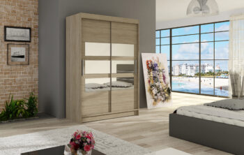 Šatníková skriňa  MIA V je účelným nábytkom s posuvnými dverami vo farbe dub sonoma. Jej elegancia a moderný dizajn je dotvorený zaujímavým rozložením zrkadla na oboch dvierkach. Za dverami nájdete účelne rozdelenú úložnú plochu na policovú časť a časť s vešiakovou tyčou. Horná časť skrine má po celej šírke policu na odkladanie. Skriňa je vyrobená z LTD dosky s hrúbkou 16 mm.  Posuvný systém dvierok má hliníkové ložiskové pojazdy Micra Servoll. V ponuke aj ďalšie 3 farebné prevedenia.Rozmer š/v/h 120/200/58. Dodávame v demonte.