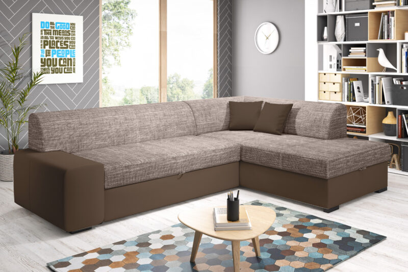 MINES rohová sedačka, Berlin 03/Madryt 124 – pravý roh Rohová sedačka MINES ponúka moderné dizajnové prevedenie. Rovné línie sú prepojené s oblými tvarmy bočnice a opierok. V spojení s jemným prešívaním dodávajú sedačke šmrnc a eleganciu.Súčasťou sedačky je pracktický úložný priestor, ku ktorému sa jednoducho dostanete vďaka výklopnému UP systému. Funkcia rozkladu poskytne ložnú plochu s rozmerom 195 x 135 cm, ktorá je vhodná na príležitnostné spanie. Sedák je tvorený vlnovcovou pružinou a PUR penou. Táto kombinácia zabezpečí pohodlné sedenie i leňošenie. Na čalúnenie bola použitá kombinácia látky a eko-kože (v spodnej časti). Prevedenie: Berlin 03/Madryt 124.Rozmery sedačky (š/v/h): 260 x 71 x 175 cm. Hĺbka sedu 63cm. Výška sedu 42 cm. Prevedenie rohu sedačky je pravé. V našej ponuke nájdete aj sedačku s ľavým rohom a množstvo ďalších farebných prevedení. 2 malé vankúšiky sú v cene sedačky.Sedačka je vhodná do moderného interiéru, kde vytvorí výnimočné zátišie pre chvíle oddychu a relaxu.