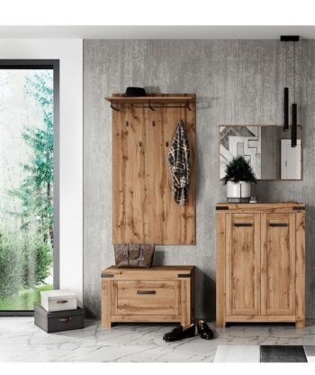 Dodajte svojmu domovu moderný a útulný vzhľad s touto elegantnou predsieňovou zostavou MORATIZ v prevedení dub wotan. Jednotlivé komponenty vytvárajú harmonický a nadčasový dizajn, ktorý oživí každý vstupný priestor. Zostava je vyrobená z kvalitnej…