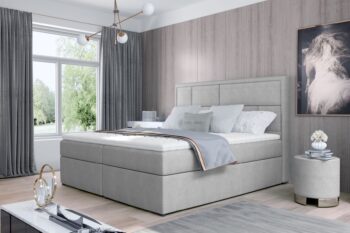 MOREN je vkusná, elegantná, dokonale mäkká a pohodlná boxspring kontinentálna posteľ v modernom klasickom štýle, ktorá je dostupná v rozmere 180 x 200 cm v látke Omega 02.Výnimočný komfort umocňuje 53 cm vysoký sedák a výplň lôžka. Bonnell matrac a pena T25 poskytujú užívateľovi nábytku najvyšší komfort a dokonale stabilizujú polohu tela počas odpočinku. Toto riešenie zaručuje pohodlný odpočinok pre každého, pretože zdravý spánok je dobrý spánok! Okrem značného komfortu stojí za pozornosť aj povrchová úprava jednotlivých prvkov modelu. Vysoké čelo postele, šité v tvare nepravidelných obdĺžnikov, je mäkkou, pohodlnou a neoceniteľnou oporou a zaujímavou dekoráciou do spálne.Vďaka dvom priestranným kontajnerom na lôžkoviny je náš boxspring nielen funkčným zariadením domácnosti, ale aj vlastnou oázou pokoja, vďaka čomu je používanie takejto postele skutočným pôžitkom. Oplatí sa mať  posteľ ako Moren ,spokojnosť zaručená.Rozmery:ŠxHxV: 180 x 215 x 115 cmvýška sedu: 53 cmplocha na spanie: 180 x 200 cmhmotnosť: 189 kgmatrac: pena T25 + bonnelvýška nožičiek: 2 cmUpozornenie: Váš monitor nemusí zobrazovať farby také, ako sú v skutočnosti.   