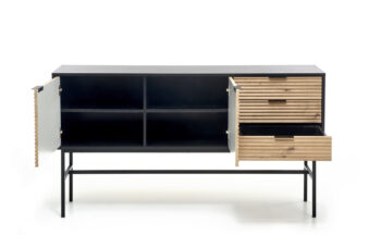 Dvojdverová komoda so zásuvkami Murano KM-1 v čiernej / dub artisan farbe je elegantným a praktickým doplnkom do vášho interiéru. Tento nábytok je vyrobený z kvalitného aglomerovaného materiálu - dyhovanej MDF, ktorý je známy svojou odolnosťou a dlhou životnosťou. Komoda má rozmery 160 cm na…