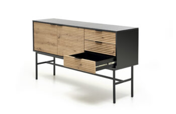 Dvojdverová komoda so zásuvkami Murano KM-1 v čiernej / dub artisan farbe je elegantným a praktickým doplnkom do vášho interiéru. Tento nábytok je vyrobený z kvalitného aglomerovaného materiálu - dyhovanej MDF, ktorý je známy svojou odolnosťou a dlhou životnosťou. Komoda má rozmery 160 cm na…
