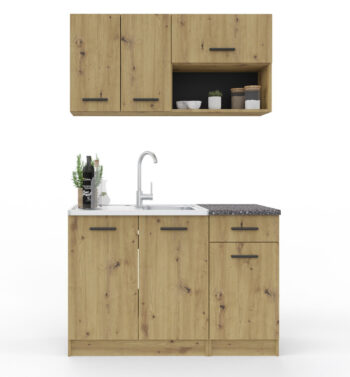 Jednoduchá kuchynská linka NIKA 120 má atraktívne farebné prevedenie dub artisan. Materiál LTD je jednoduchý na údržbu. Plastové úchytky.Horné skrinky sú vysoké 58 cm, dolné skrinky majú výšku 84 cm.Montážna lišta nie je súčasťou horných skriniek. Pracovná doska je súčasťou skriniek 40 cm. Drez je potrebné dokúpiť.Dodávame demonte.