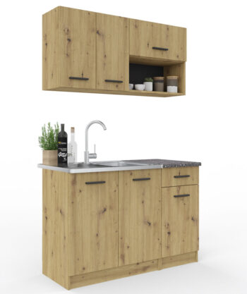 Jednoduchá kuchynská linka NIKA 120 má atraktívne farebné prevedenie dub artisan. Materiál LTD je jednoduchý na údržbu. Plastové úchytky.Horné skrinky sú vysoké 58 cm, dolné skrinky majú výšku 84 cm.Montážna lišta nie je súčasťou horných skriniek. Pracovná doska je súčasťou skriniek 40 cm. Drez je potrebné dokúpiť.Dodávame demonte.