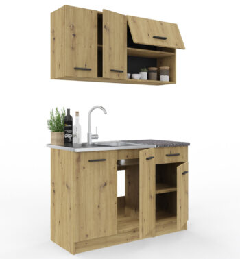 Jednoduchá kuchynská linka NIKA 120 má atraktívne farebné prevedenie dub artisan. Materiál LTD je jednoduchý na údržbu. Plastové úchytky.Horné skrinky sú vysoké 58 cm, dolné skrinky majú výšku 84 cm.Montážna lišta nie je súčasťou horných skriniek. Pracovná doska je súčasťou skriniek 40 cm. Drez je potrebné dokúpiť.Dodávame demonte.