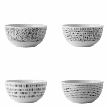 Set porcelánových misiek z línie Basic Dots vhodná na polievku, cereálie či šalát. Moderný bodkový vzor na bielom porceláne. Je vhodný do umývačky riadu aj mikrovlnnej rúry.