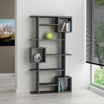 RAYMOND - Moderný dizajnový regál v elegantnom antracite Typ: Regál, knižnica Materiál: Kvalitný melamín a VT laminát Rozmer: 173 x 92 x 25 cm - ideálne sa hodí do každej obývačky Farba: Antracit - sofistikovaná a moderná voľba, ktorá dodá vášmu priestoru jedinečný charakter  Vybavenie: 5 priestranných políc ponúka bohatý úložný priestor pre knihy, dekorácie a mnoho ďalšieho  Štýl: Moderné a dizajnové riešenie s dokonalými líniami a estetikou Hrúbka materiálu: 18mm - zaisťuje dlhú životnosť a pevnosť produktu  Regál RAYMOND v odtieni antracitu spája najnovšie dizajnové trendy s funkcionalitou, čo vytvára nepostrádateľný doplnok pre vašu obývaciu miestnosť.