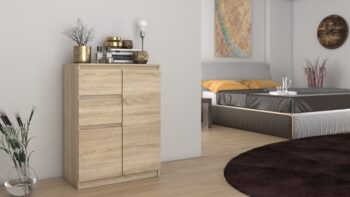 Moderná komoda 2D2S má dvoje dvierka a dve zásuvky, ktoré Vám poskytnu dostatok úložného priestoru a hodí sa do každého interiéru. Komoda má bezúchytové otváranie, takže Vám nebudú do priestoru zasahovať žiadne úchyty a zároveň to zdôrazňuje jej moderný dizajn. Vyrobená je z kvalitnej laminovej dosky, ktorá je nenáročná na údržbu a hrany sú chránené ABS páskou.Rozmery (ŠxVxH) : 70 x 97 x 40 cm Farebné prevedenie : dub sonomaDodávame v demonte.    