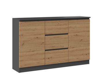 Moderná komoda 2D3S má dvoje dvierka a tri zásuvky, ktoré Vám poskytnu dostatok úložného priestoru a hodí sa do každého interiéru. Za dvierkami sa ešte nachádzajú praktické police. Komoda má bezúchytové otváranie, takže Vám nebudú do priestoru zasahovať žiadne úchyty a zároveň to zdôrazňuje jej moderný dizajn. Vyrobená je z kvalitnej laminovej dosky, ktorá je nenáročná na údržbu a hrany sú chránené ABS páskou.Rozmery (ŠxVxH) : 120 x 75 x 30 cmFarebné prevedenie : antracit/ dub artisanDodávame v demonte. 