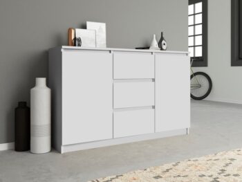 Moderná komoda 2D3S má dvoje dvierka a tri zásuvky, ktoré Vám poskytnu dostatok úložného priestoru a hodí sa do každého interiéru. Za dvierkami sa ešte nachádzajú praktické police. Komoda má bezúchytové otváranie, takže Vám nebudú do priestoru zasahovať žiadne úchyty a zároveň to zdôrazňuje jej moderný dizajn. Vyrobená je z kvalitnej laminovej dosky, ktorá je nenáročná na údržbu a hrany sú chránené ABS páskou.Rozmery (ŠxVxH) : 120 x 75 x 30 cmFarebné prevedenie : bielaDodávame v demonte. 
