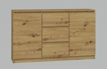 Moderná komoda 2D3S má dvoje dvierka a tri zásuvky, ktoré Vám poskytnu dostatok úložného priestoru a hodí sa do každého interiéru. Za dvierkami sa ešte nachádzajú praktické police. Komoda má bezúchytové otváranie, takže Vám nebudú do priestoru zasahovať žiadne úchyty a zároveň to zdôrazňuje jej moderný dizajn. Vyrobená je z kvalitnej laminovej dosky, ktorá je nenáročná na údržbu a hrany sú chránené ABS páskou.Rozmery (ŠxVxH) : 120 x 75 x 30 cmFarebné prevedenie : dub artisanDodávame v demonte. 