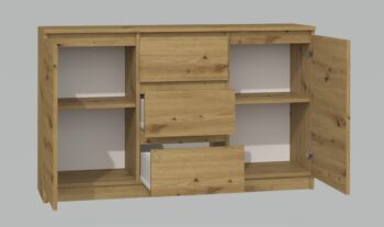 Moderná komoda 2D3S má dvoje dvierka a tri zásuvky, ktoré Vám poskytnu dostatok úložného priestoru a hodí sa do každého interiéru. Za dvierkami sa ešte nachádzajú praktické police. Komoda má bezúchytové otváranie, takže Vám nebudú do priestoru zasahovať žiadne úchyty a zároveň to zdôrazňuje jej moderný dizajn. Vyrobená je z kvalitnej laminovej dosky, ktorá je nenáročná na údržbu a hrany sú chránené ABS páskou.Rozmery (ŠxVxH) : 120 x 75 x 30 cmFarebné prevedenie : dub artisanDodávame v demonte. 