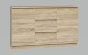 Moderná komoda 2D3S má dvoje dvierka a tri zásuvky, ktoré Vám poskytnu dostatok úložného priestoru a hodí sa do každého interiéru. Za dvierkami sa ešte nachádzajú praktické police. Komoda má bezúchytové otváranie, takže Vám nebudú do priestoru zasahovať žiadne úchyty a zároveň to zdôrazňuje jej moderný dizajn. Vyrobená je z kvalitnej laminovej dosky, ktorá je nenáročná na údržbu a hrany sú chránené ABS páskou.Rozmery (ŠxVxH) : 120 x 75 x 30 cmFarebné prevedenie : dub sonomaDodávame v demonte. 