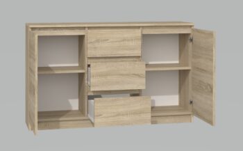 Moderná komoda 2D3S má dvoje dvierka a tri zásuvky, ktoré Vám poskytnu dostatok úložného priestoru a hodí sa do každého interiéru. Za dvierkami sa ešte nachádzajú praktické police. Komoda má bezúchytové otváranie, takže Vám nebudú do priestoru zasahovať žiadne úchyty a zároveň to zdôrazňuje jej moderný dizajn. Vyrobená je z kvalitnej laminovej dosky, ktorá je nenáročná na údržbu a hrany sú chránené ABS páskou.Rozmery (ŠxVxH) : 120 x 75 x 30 cmFarebné prevedenie : dub sonomaDodávame v demonte. 