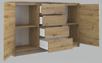 Moderná komoda 2D4S má dvoje dvierka a štyri zásuvky, ktoré Vám poskytnu dostatok úložného priestoru a hodí sa do každého interiéru. Za dvierkami sa ešte nachádzajú praktické police. Komoda má bezúchytové otváranie, takže Vám nebudú do priestoru zasahovať žiadne úchyty a zároveň to zdôrazňuje jej moderný dizajn. Vyrobená je z kvalitnej laminovej dosky, ktorá je nenáročná na údržbu a hrany sú chránené ABS páskou.Rozmery (ŠxVxH) : 120 x 97 x 40 cmFarebné prevedenie : dub artisanDodávame v demonte. 