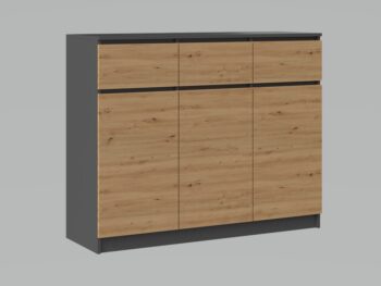 Moderná komoda 3D3S má troje dvierka a tri zásuvky, ktoré Vám poskytnu dostatok úložného priestoru a hodí sa do každého interiéru. Za dvierkami sa ešte nachádzajú praktické police. Komoda má bezúchytové otváranie, takže Vám nebudú do priestoru zasahovať žiadne úchyty a zároveň to zdôrazňuje jej moderný dizajn. Vyrobená je z kvalitnej laminovej dosky, ktorá je nenáročná na údržbu a hrany sú chránené ABS páskou.Rozmery (ŠxVxH) : 120 x 97 x 40 cmFarebné prevedenie : antracit/ dub artisanDodávame v demonte.