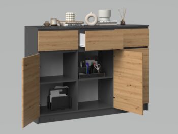Moderná komoda 3D3S má troje dvierka a tri zásuvky, ktoré Vám poskytnu dostatok úložného priestoru a hodí sa do každého interiéru. Za dvierkami sa ešte nachádzajú praktické police. Komoda má bezúchytové otváranie, takže Vám nebudú do priestoru zasahovať žiadne úchyty a zároveň to zdôrazňuje jej moderný dizajn. Vyrobená je z kvalitnej laminovej dosky, ktorá je nenáročná na údržbu a hrany sú chránené ABS páskou.Rozmery (ŠxVxH) : 120 x 97 x 40 cmFarebné prevedenie : antracit/ dub artisanDodávame v demonte.